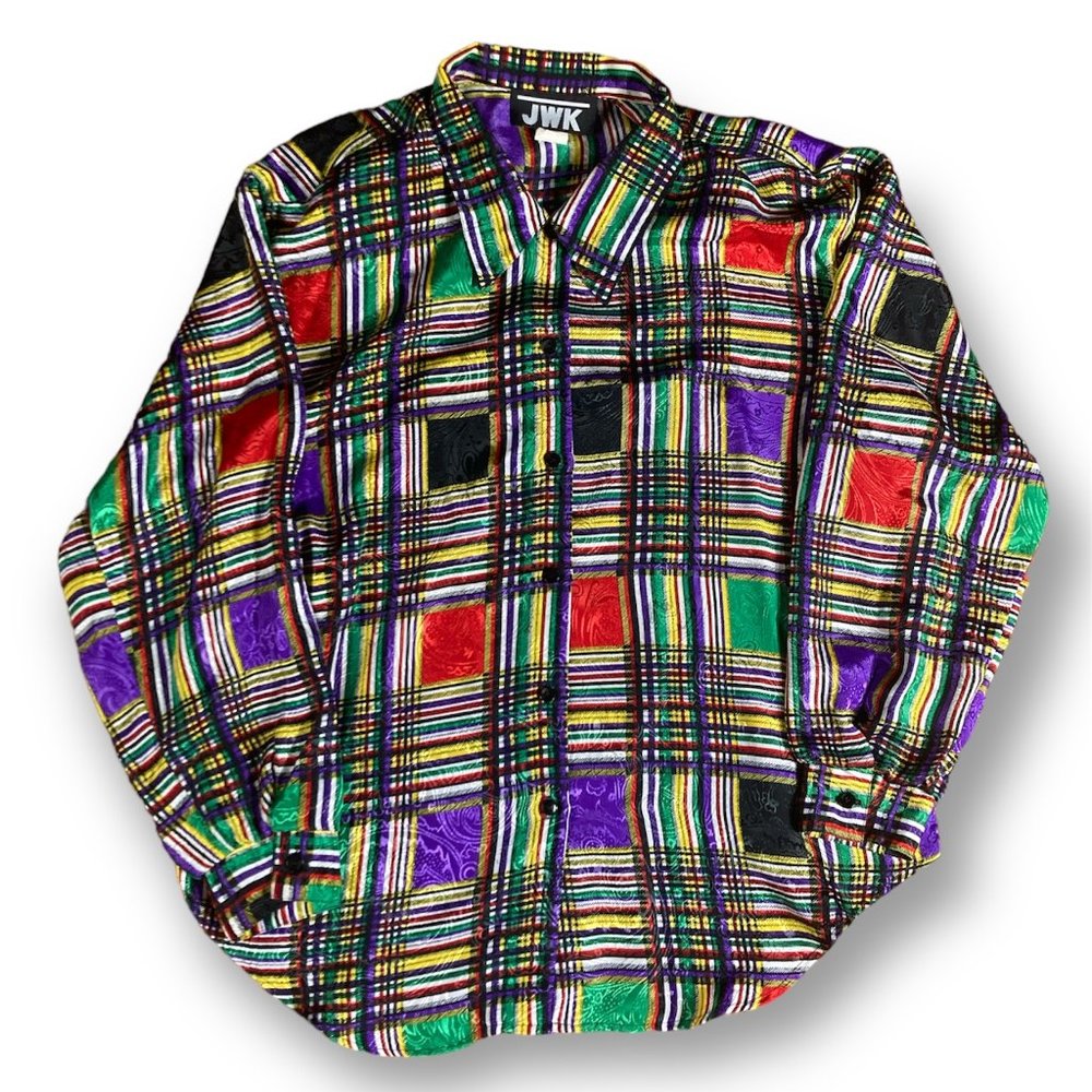 Vintage plaid shirt JWK in large multi colored purple green red